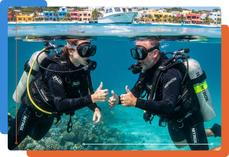 a scuba instructor and a student giving each other a thumbs up under the water's surface