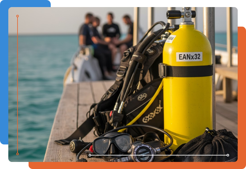 essential scuba diving equipment laid out, including a mask, fins, and regulator