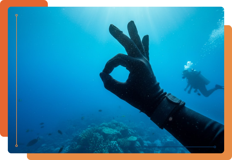 a diver's gloved hand giving the "OK" signal underwater, with clear blue water and sunlight filtering through the surface